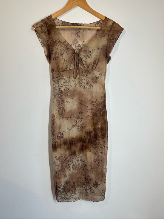 Rampage Dresses & Skirts - Rampage Y2K Brown Mesh Glitter Floral Midi Dress Tie Front - Size Small